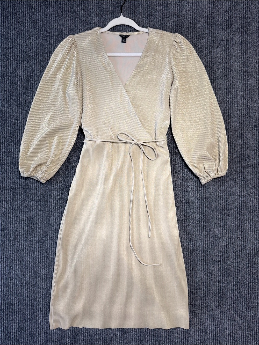 Ann Taylor Metallic Cream Wrap Dress with Puff Sleeves